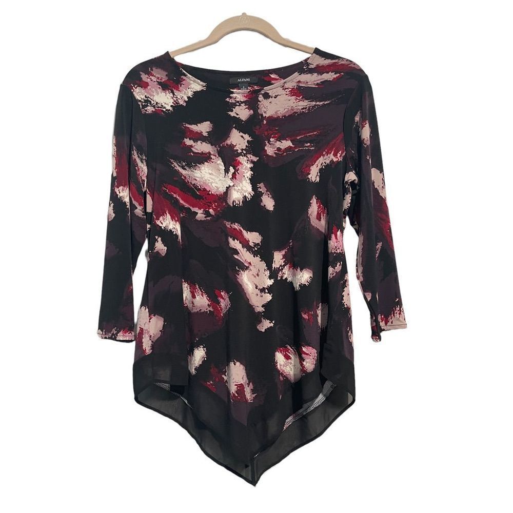 Alfani 3/4‎ SLEEVE SCARF HEM BLACK ABSTRACT PRINT BLOUSE TOP S